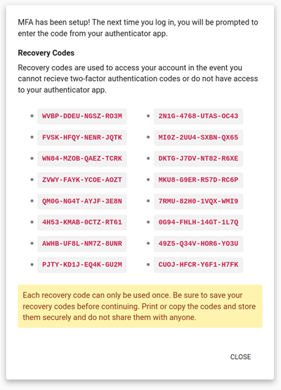 MFA recovery codes